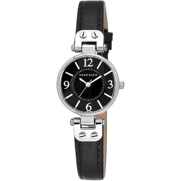 Women\'s Black/Silver Domed Mineral Crystal Lens Leather Strap Closure Watch